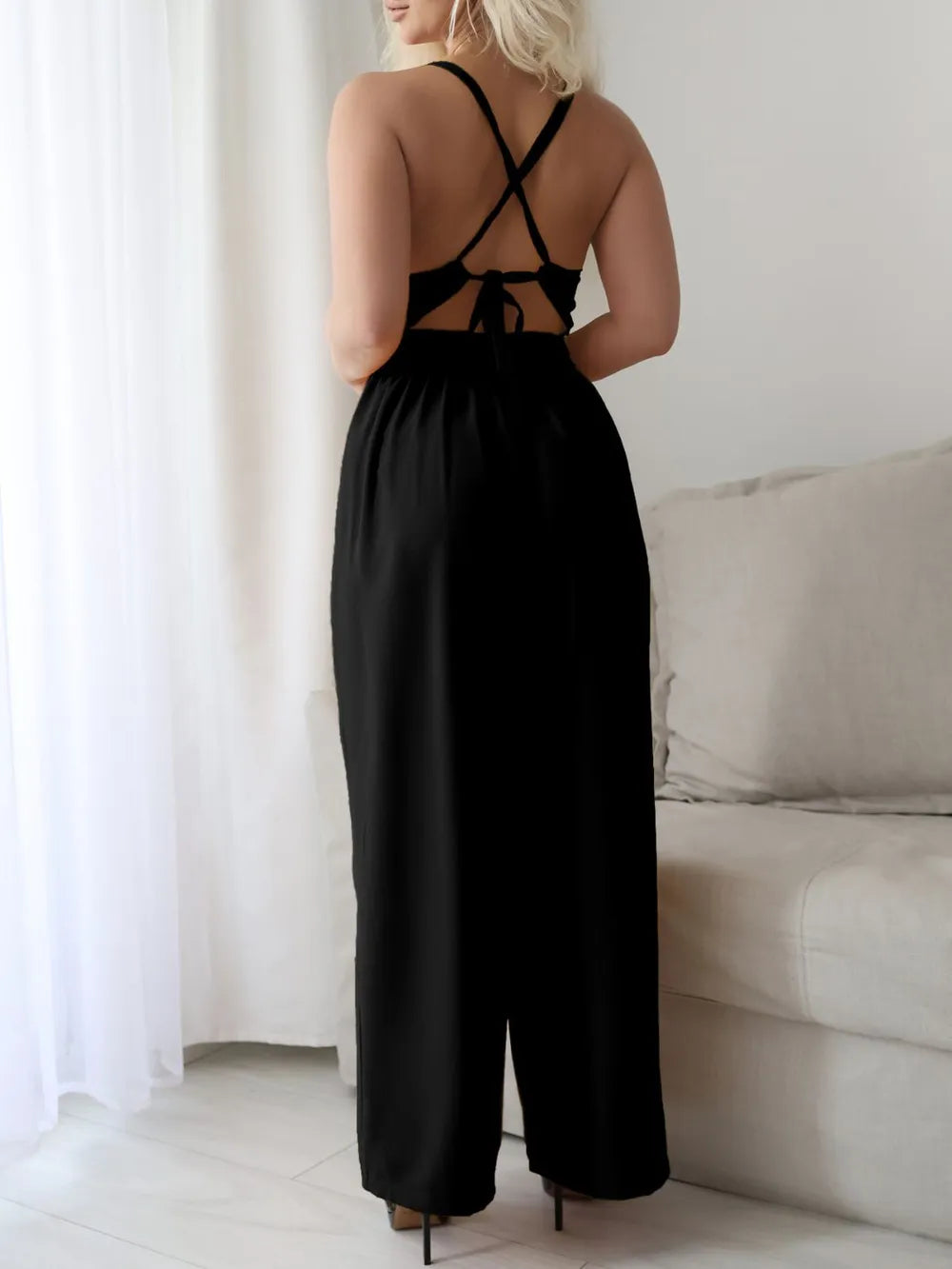 Devine Tie Back Backless Crisscross Jumpsuit.