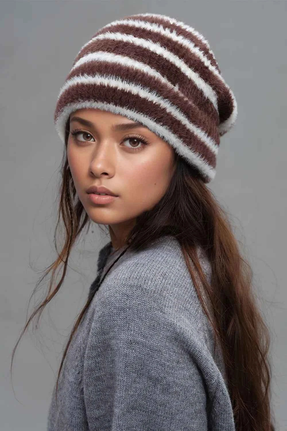 Fuzzy Contrast Striped Thermal Hat.