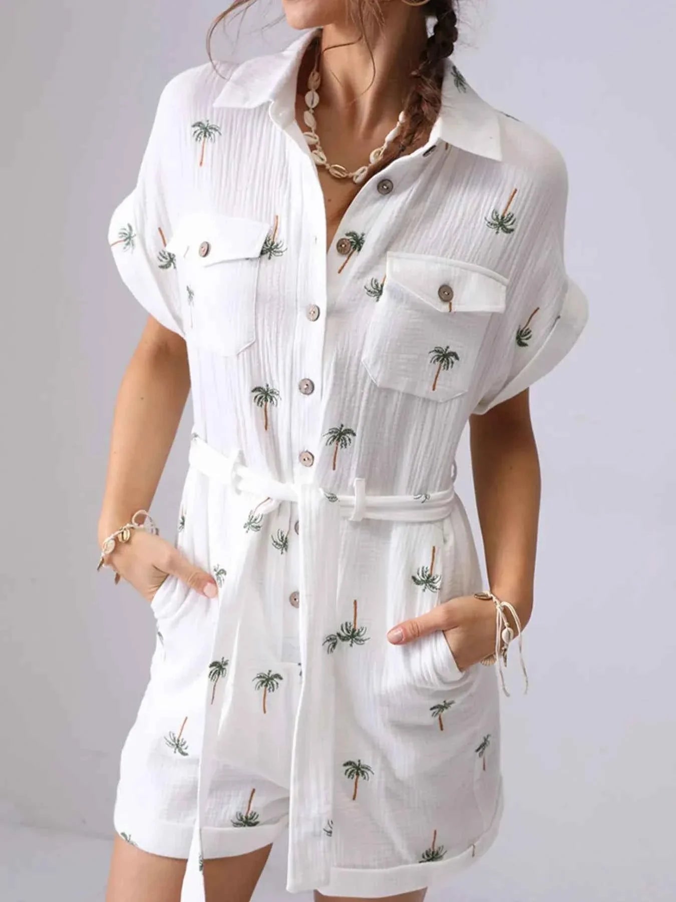 Palm Tree Print Short Sleeve Button-Up Romper with Belt.