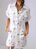 Palm Tree Print Short Sleeve Button-Up Romper with Belt.