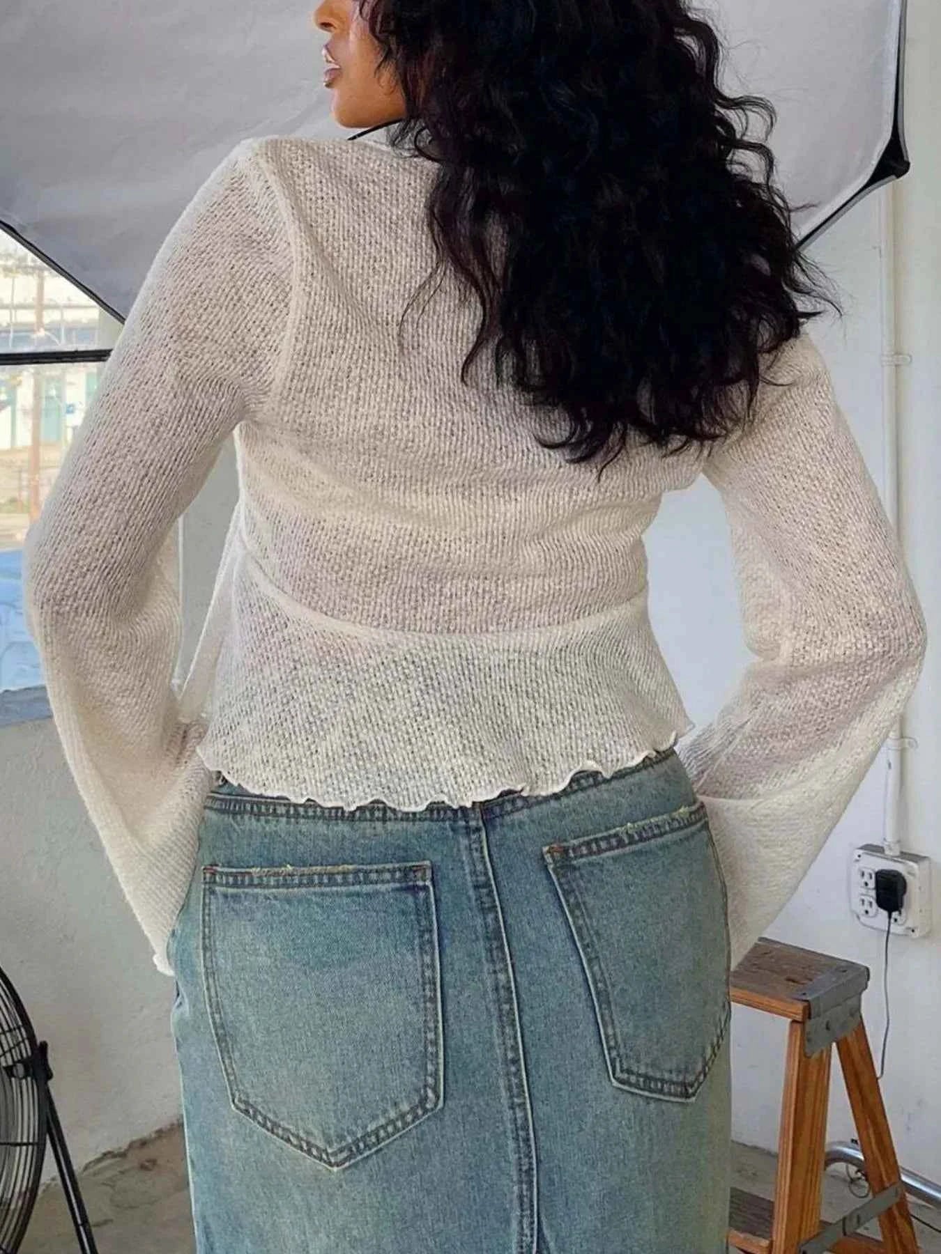 Ruffled Hem Tie-Front Cropped Cardigan.