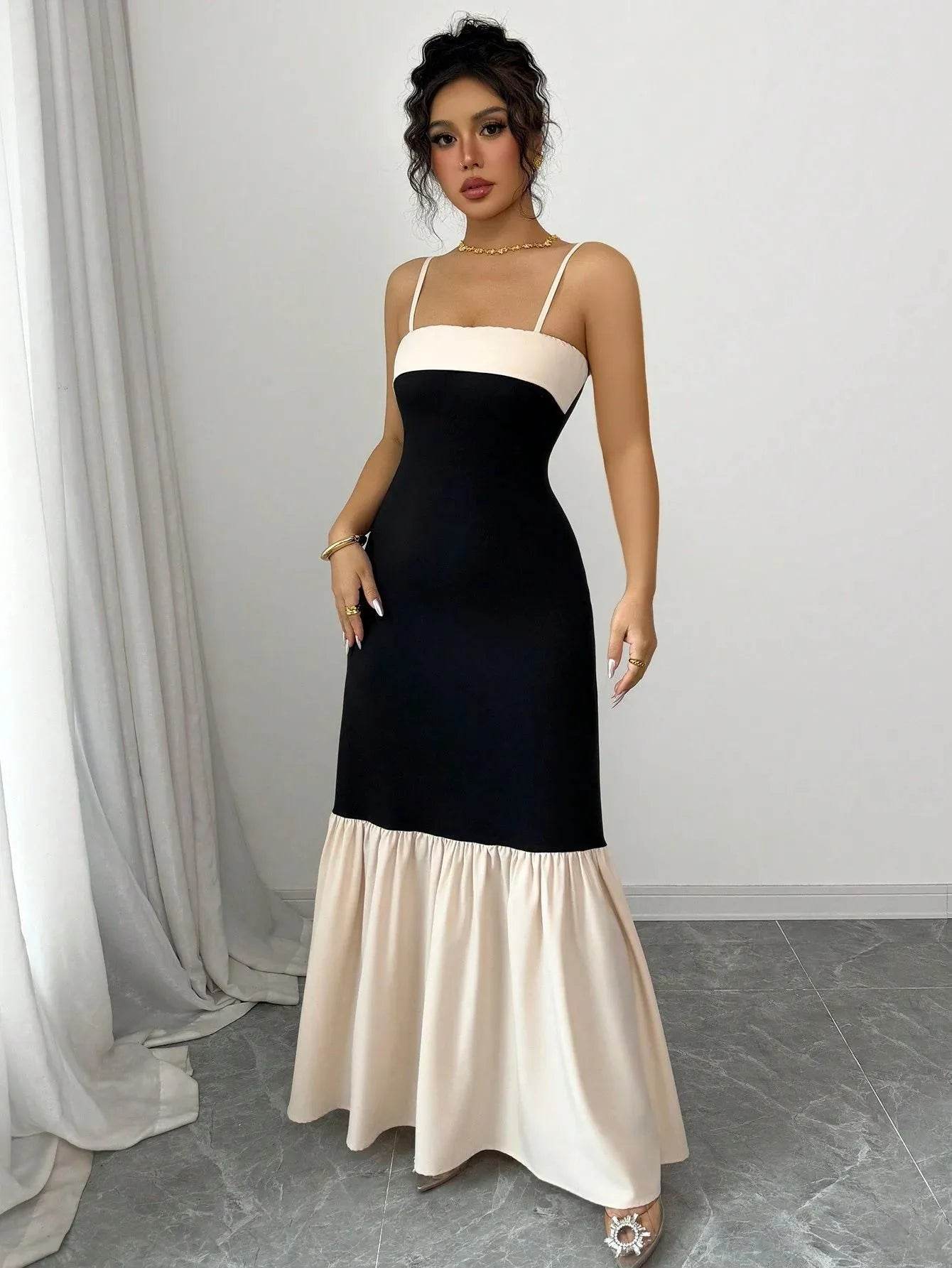 Two-Tone Spaghetti Strap Maxi Dress.