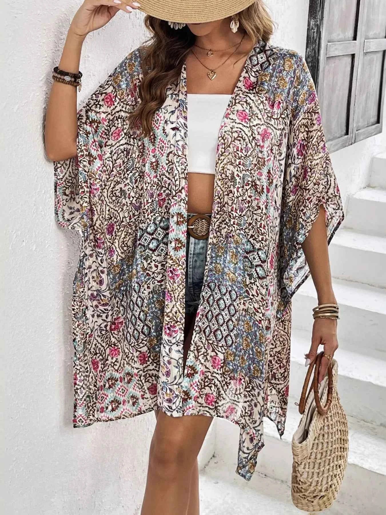 Floral Print Open Front Cover Up.