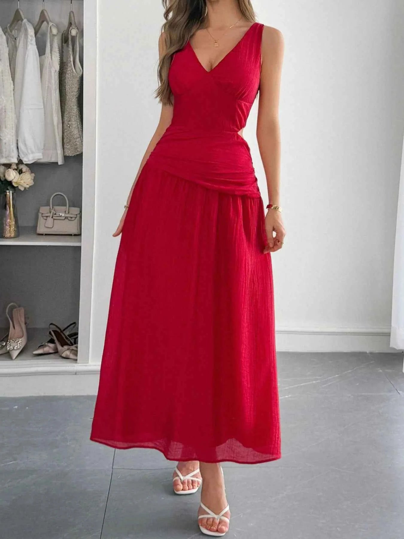 Cutout V-Neck Sleeveless Midi Dress.