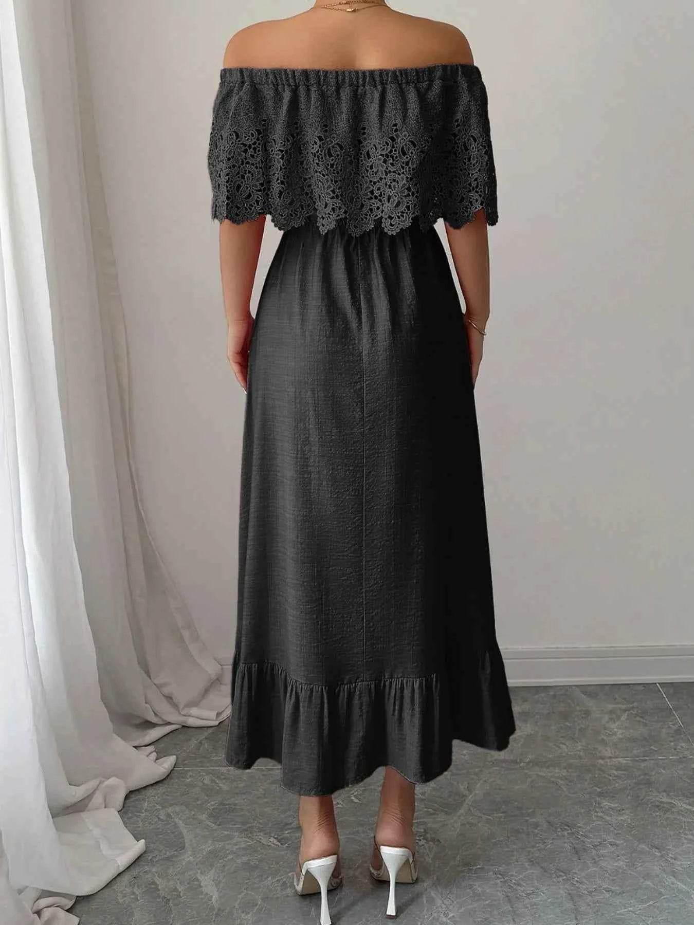 Off-Shoulder Lace Ruffle Midi Dress.