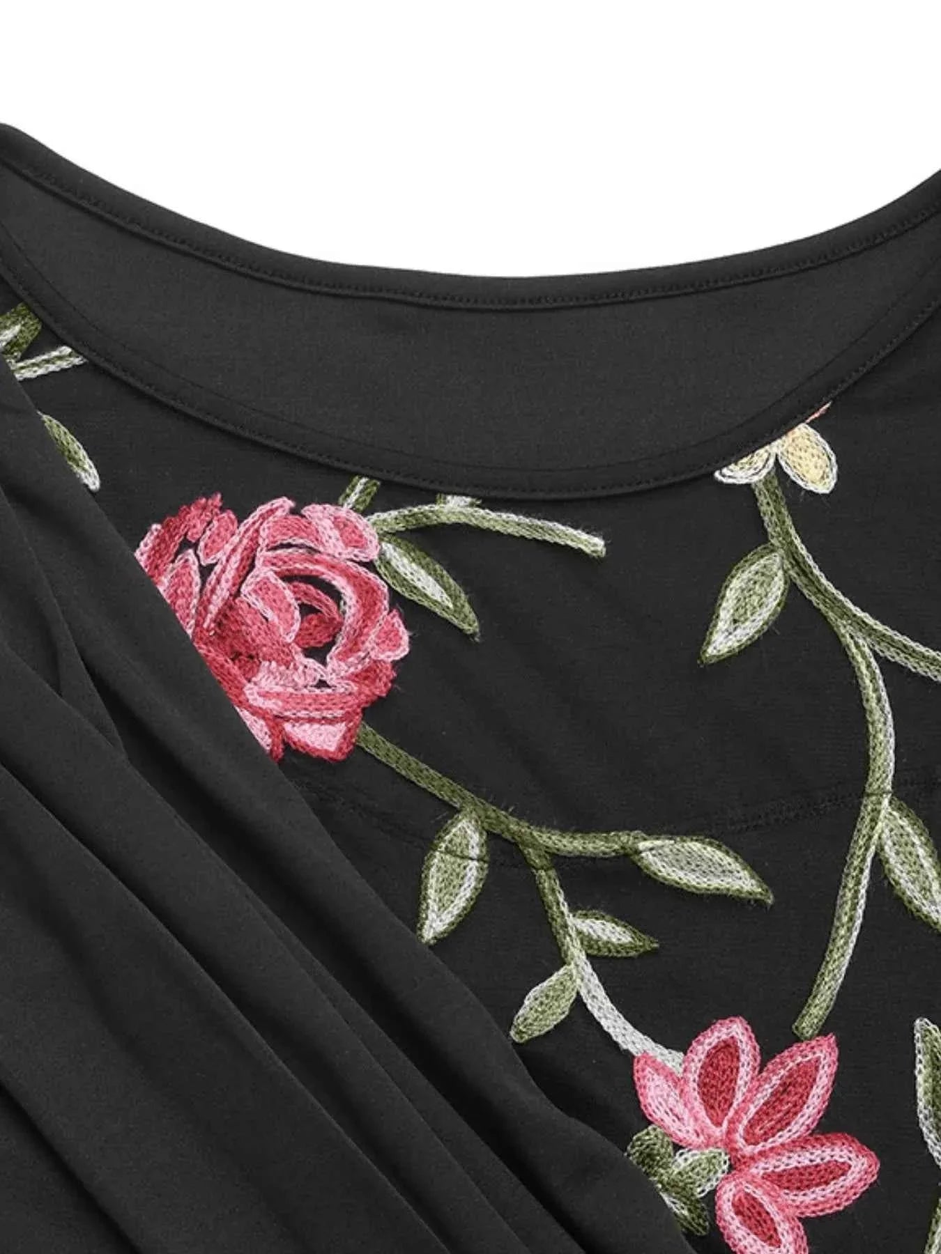 Floral Mesh Sleeve Ruched Maxi Dress.