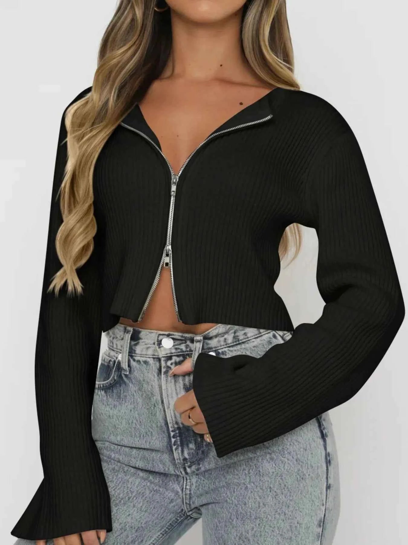 Ribbed Zip-Up Cropped Cardigan.