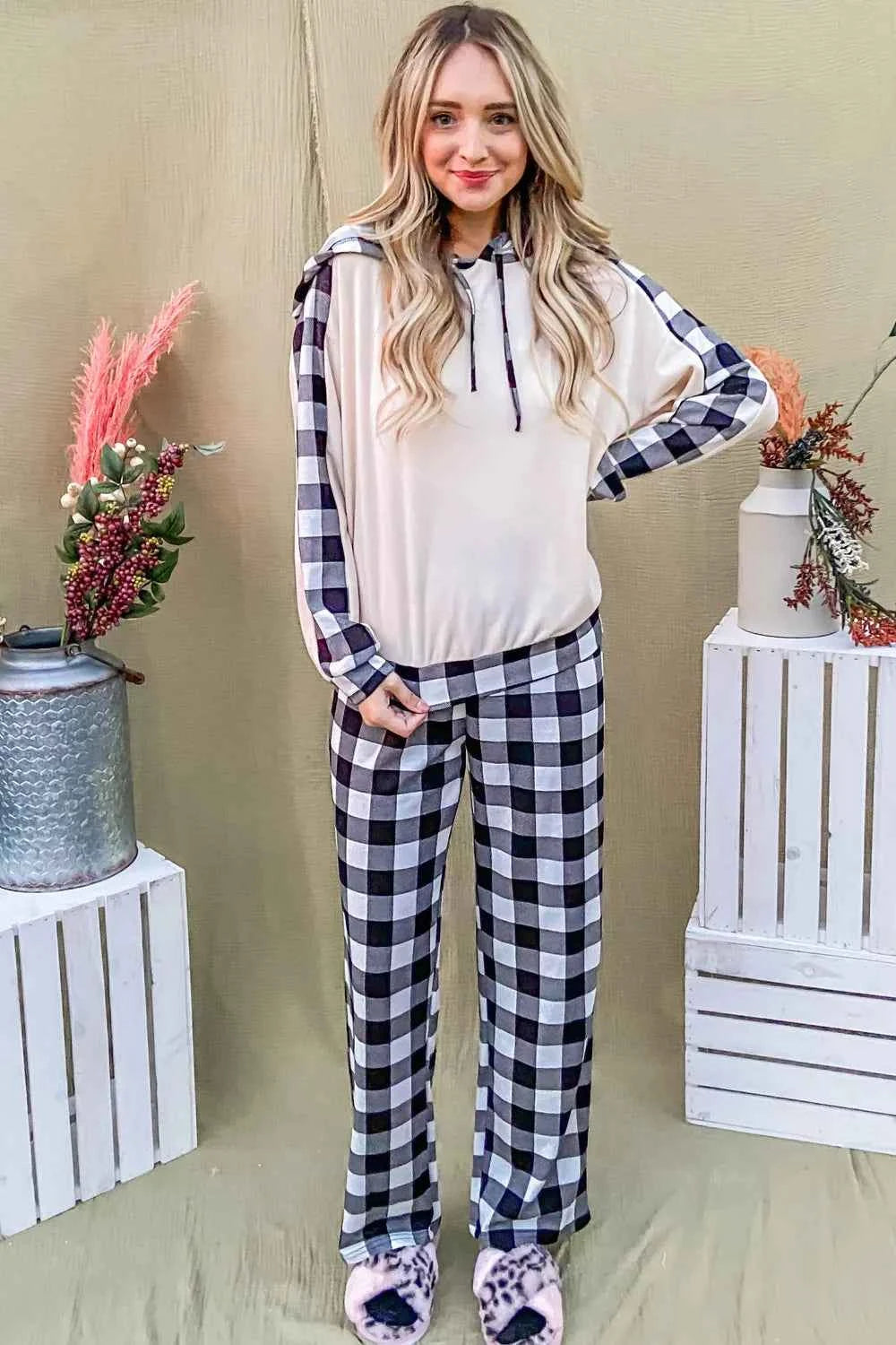 And The Why Drawstring Hooded Top & Plaid Pants Lounge Set.