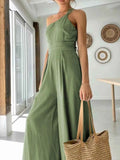 Single Shoulder Wide Leg Jumpsuit.