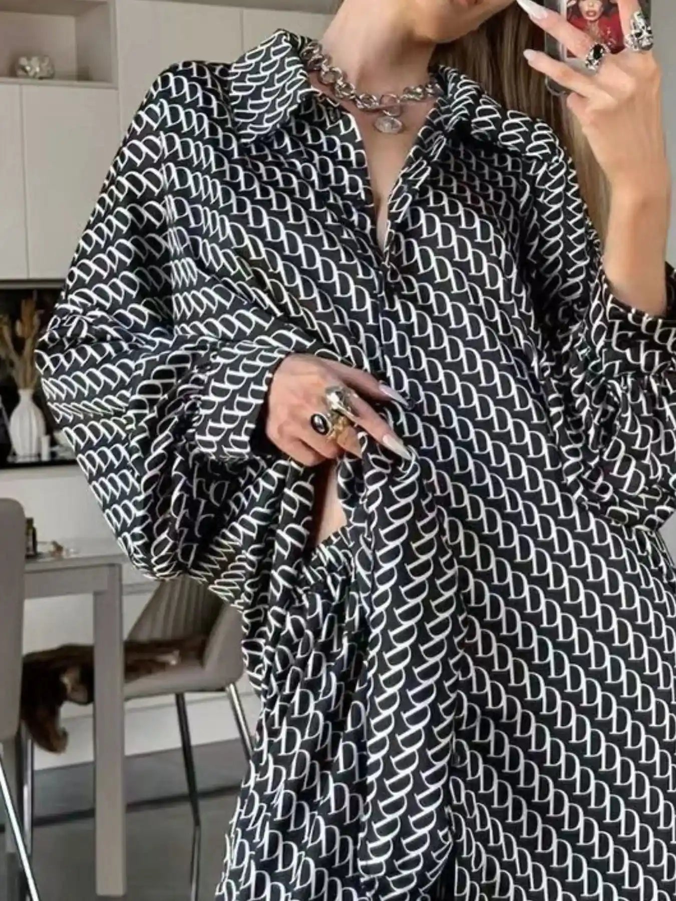 Printed Button Up Shirt and Pants Set.