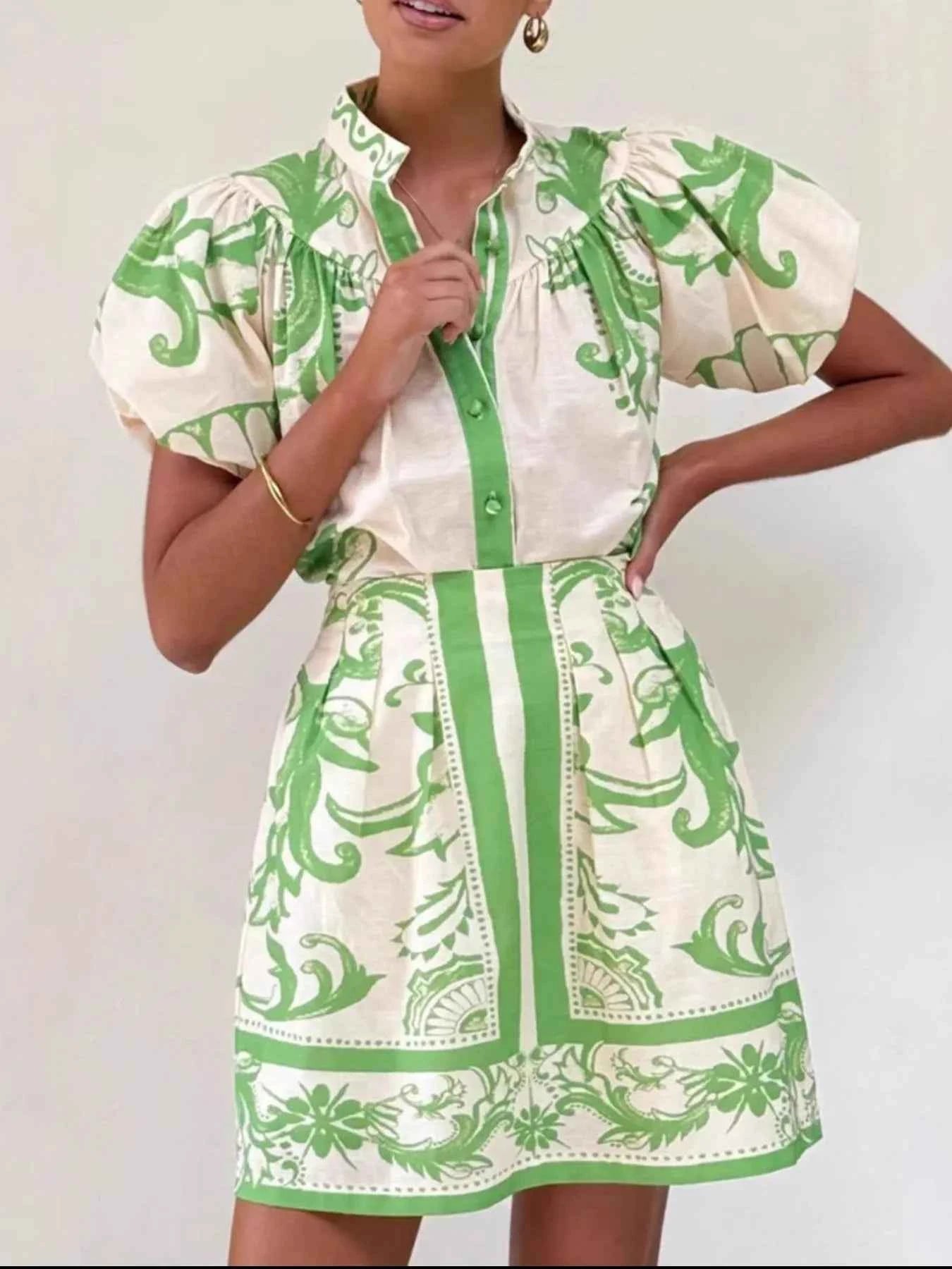 Printed Puff Sleeve Top and Skirt Set.