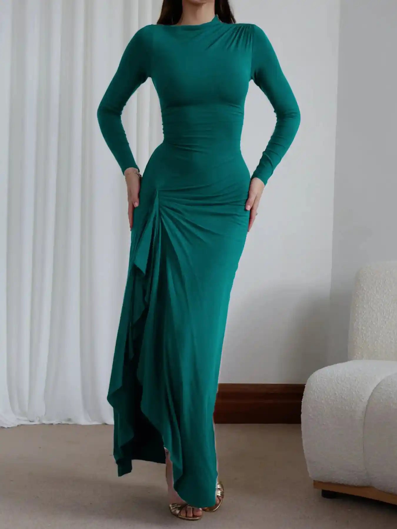 Ruched Long Sleeve Maxi Dress with Slit.