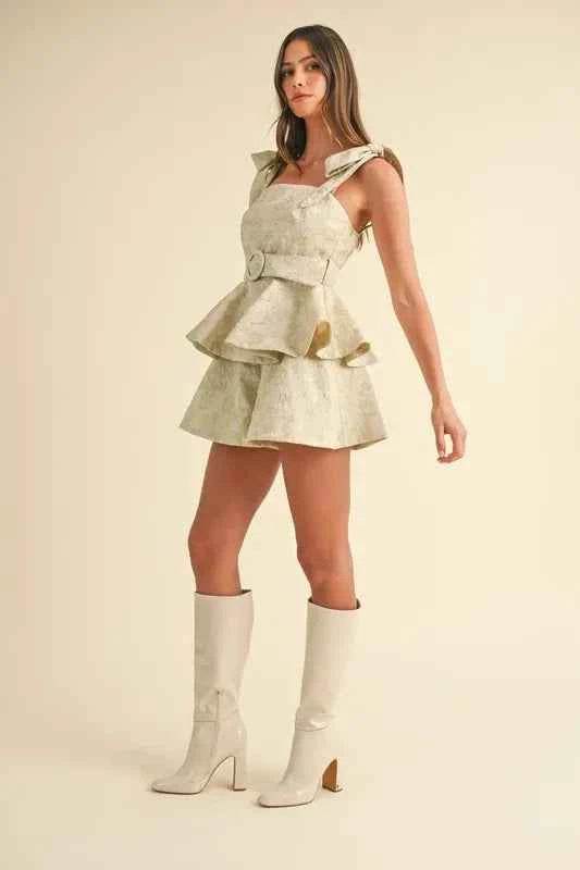 MABLE Floral Jacquard Peplum Top and Flare Shorts Set - EBYNN