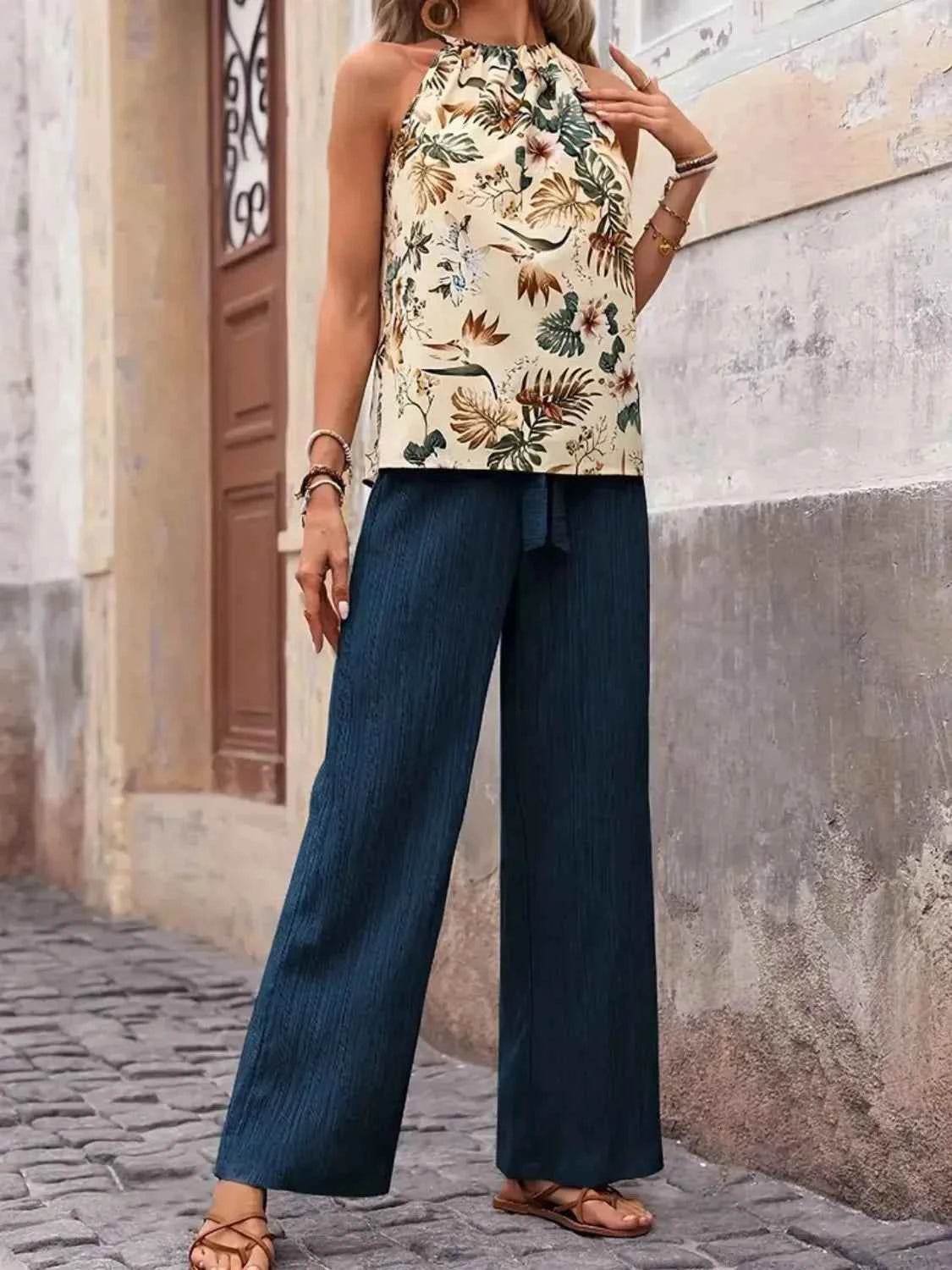 Printed Tank Top and Wide Leg Pants Set for Effortless Style - EBYNN