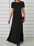 Plus Size A-Line Maxi Dress with Round Neck and Short Sleeves.