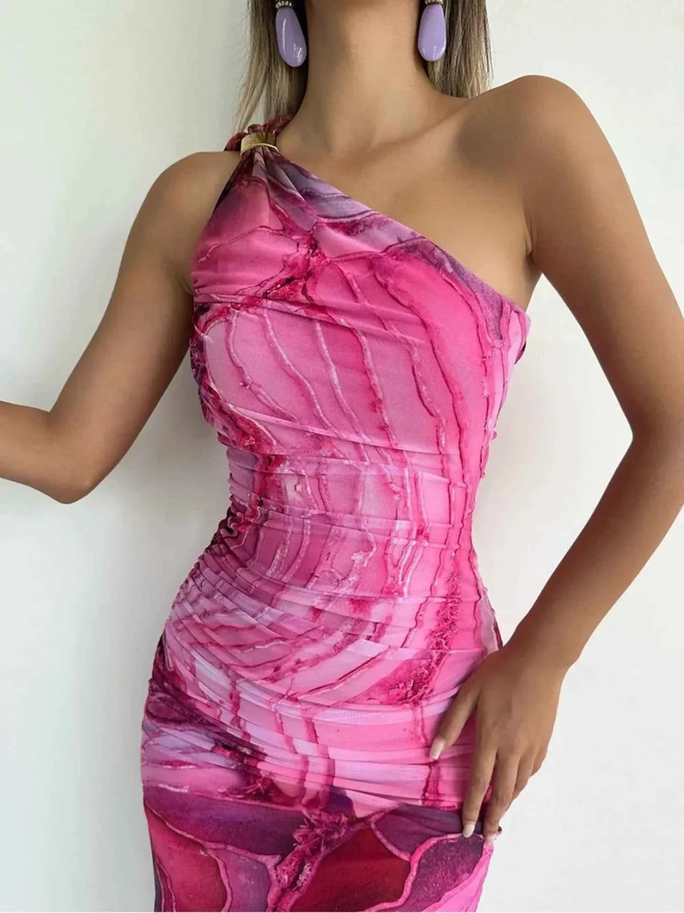 One Shoulder Ruched Bodycon Maxi Dress.