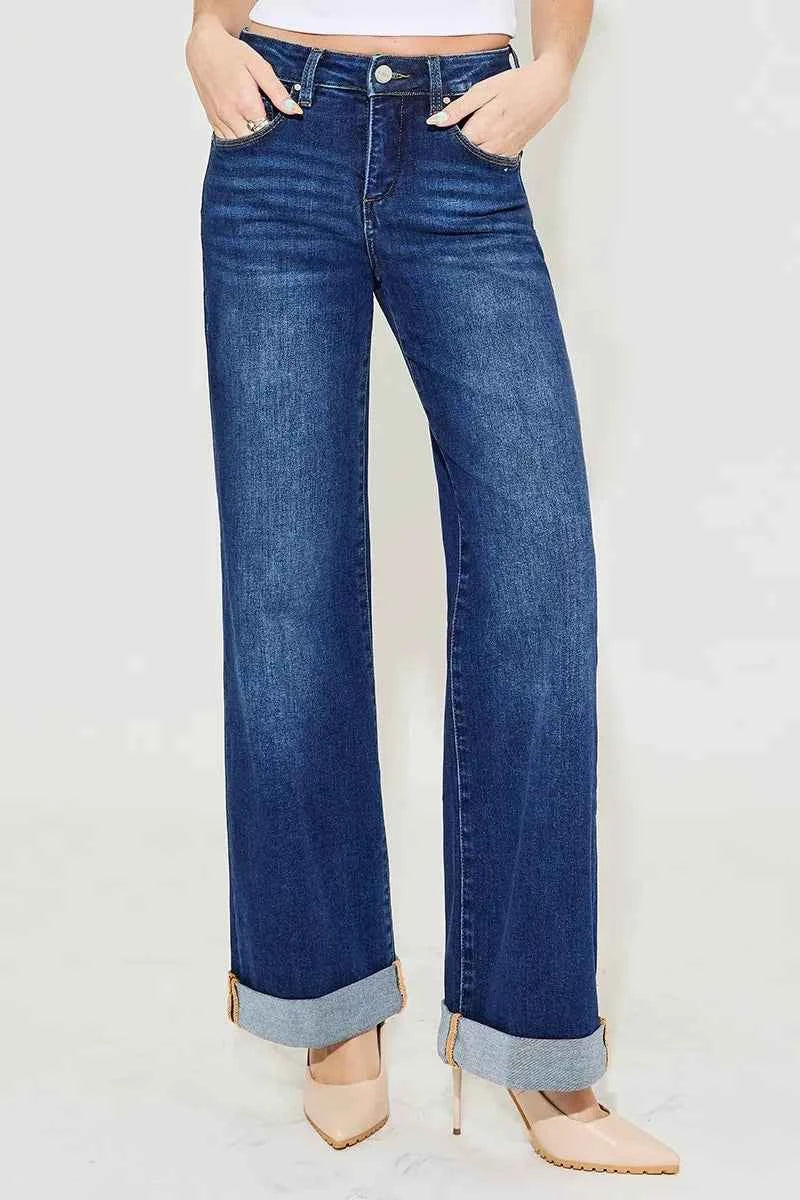 RISEN Full Size Tummy Control High Rise Wide Leg Jeans.