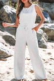 Solid Color High Waist Sleeveless Jumpsuit with Drawstring.