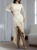Ruched Long Sleeve Maxi Dress with Slit.
