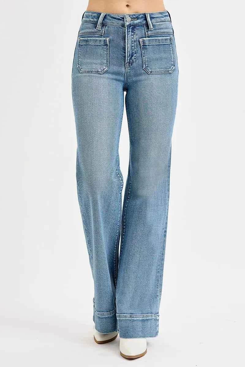 RISEN Plus Size High Rise Wide Flare Patch Pocket Jeans.