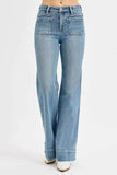 RISEN Plus Size High Rise Wide Flare Patch Pocket Jeans.