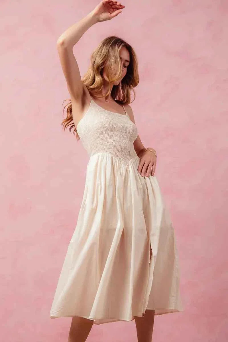 SO ME Smocked Sleeveless Midi Dress with Slit.