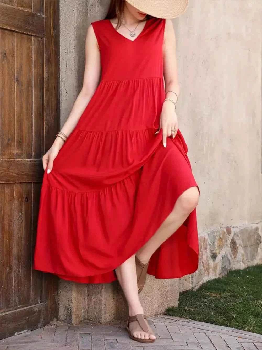 Tiered V-Neck Sleeveless Cotton Dress.
