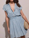 Half Button Striped Cap Sleeve Mini Shirt Dress.