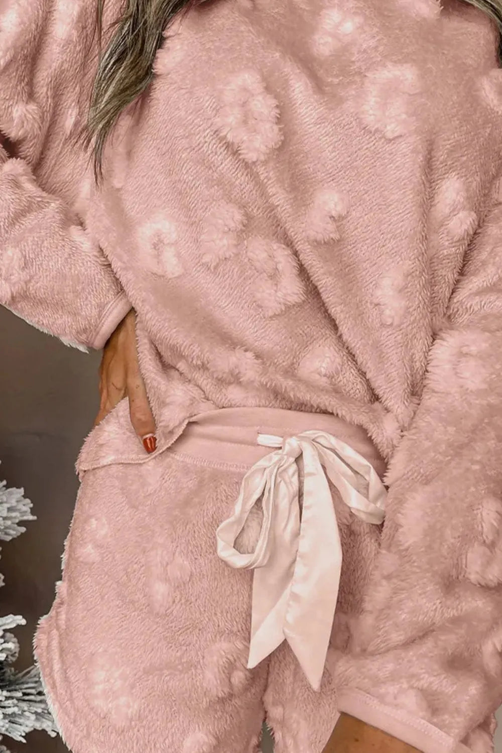 Round Neck Long Sleeve Top and Shorts Lounge Set.