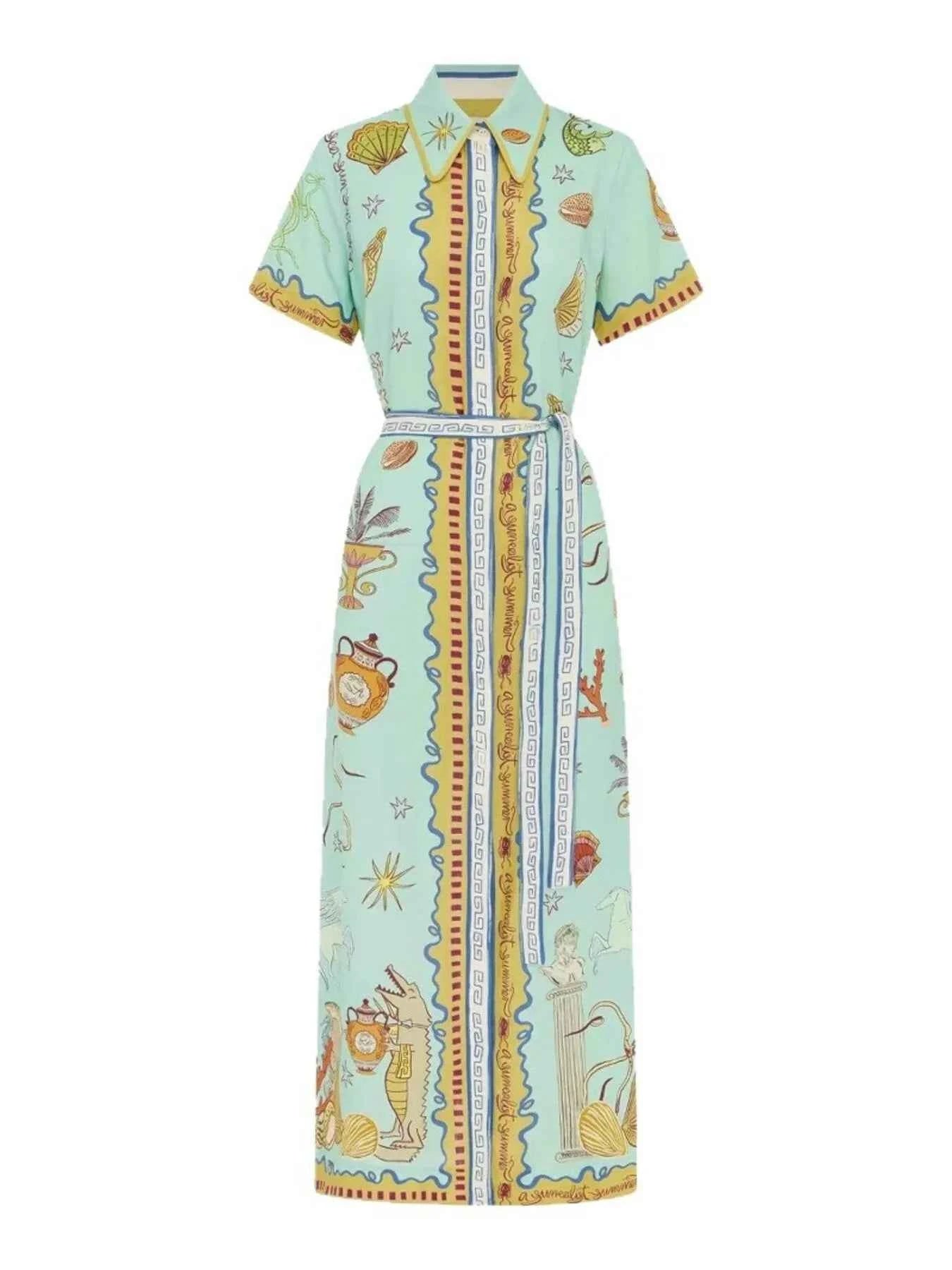 Printed Short Sleeve Maxi Shirt Dress with Belt.