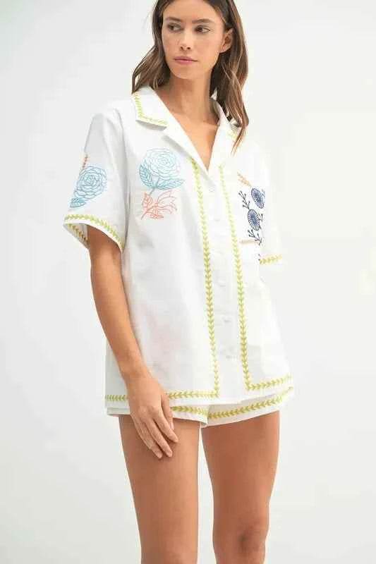 MABLE Embroidered Button Down Shirt & Shorts Set - EBYNN
