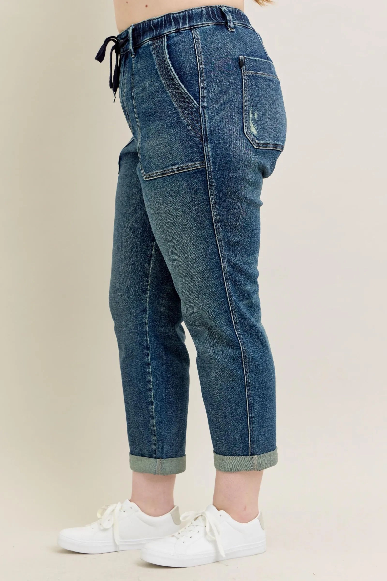 Judy Blue High-Waisted Vintage Wash Jeans with Drawstring Plus Size.
