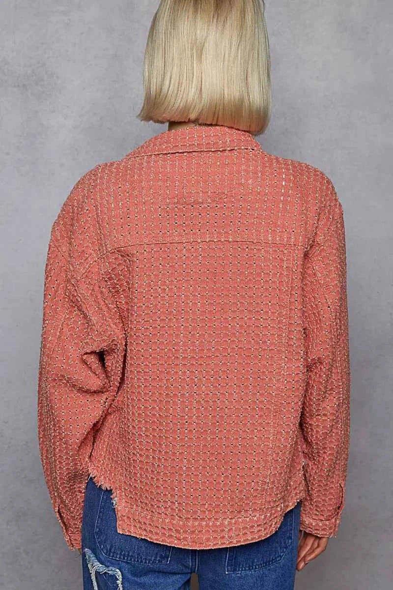 POL Raw Hem Button Up Jacket - Coral Pink.