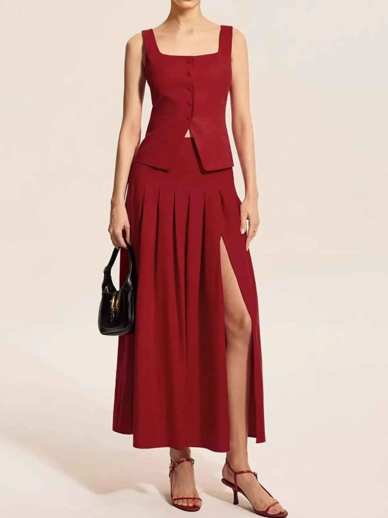 Square Neck Tank and Pleated Slit Skirt Set.