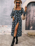 Floral Print Square Neck Dress with Flounce Sleeves.