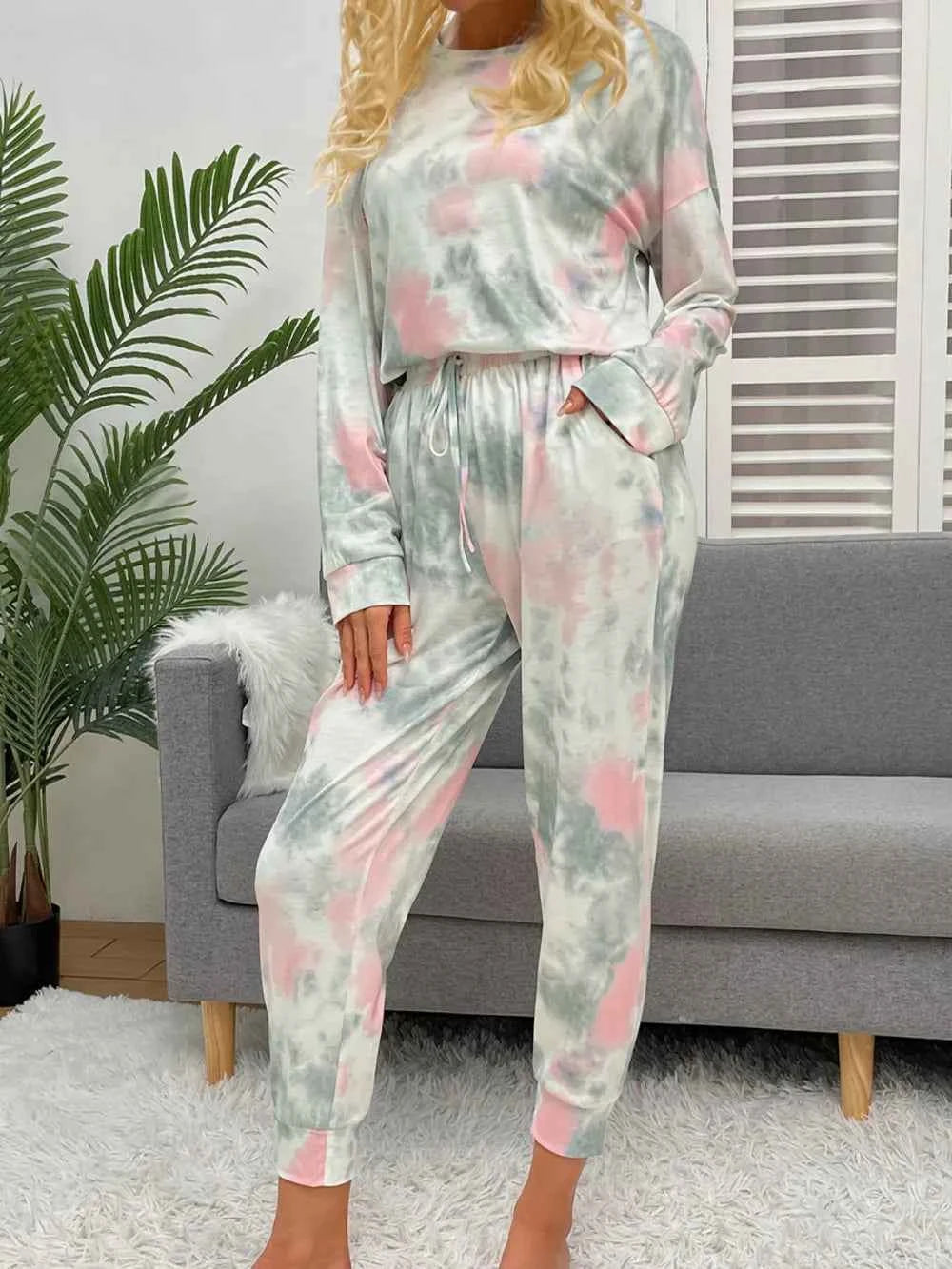Shiny Tie-Dye Round Neck Top & Drawstring Pants Lounge Set.