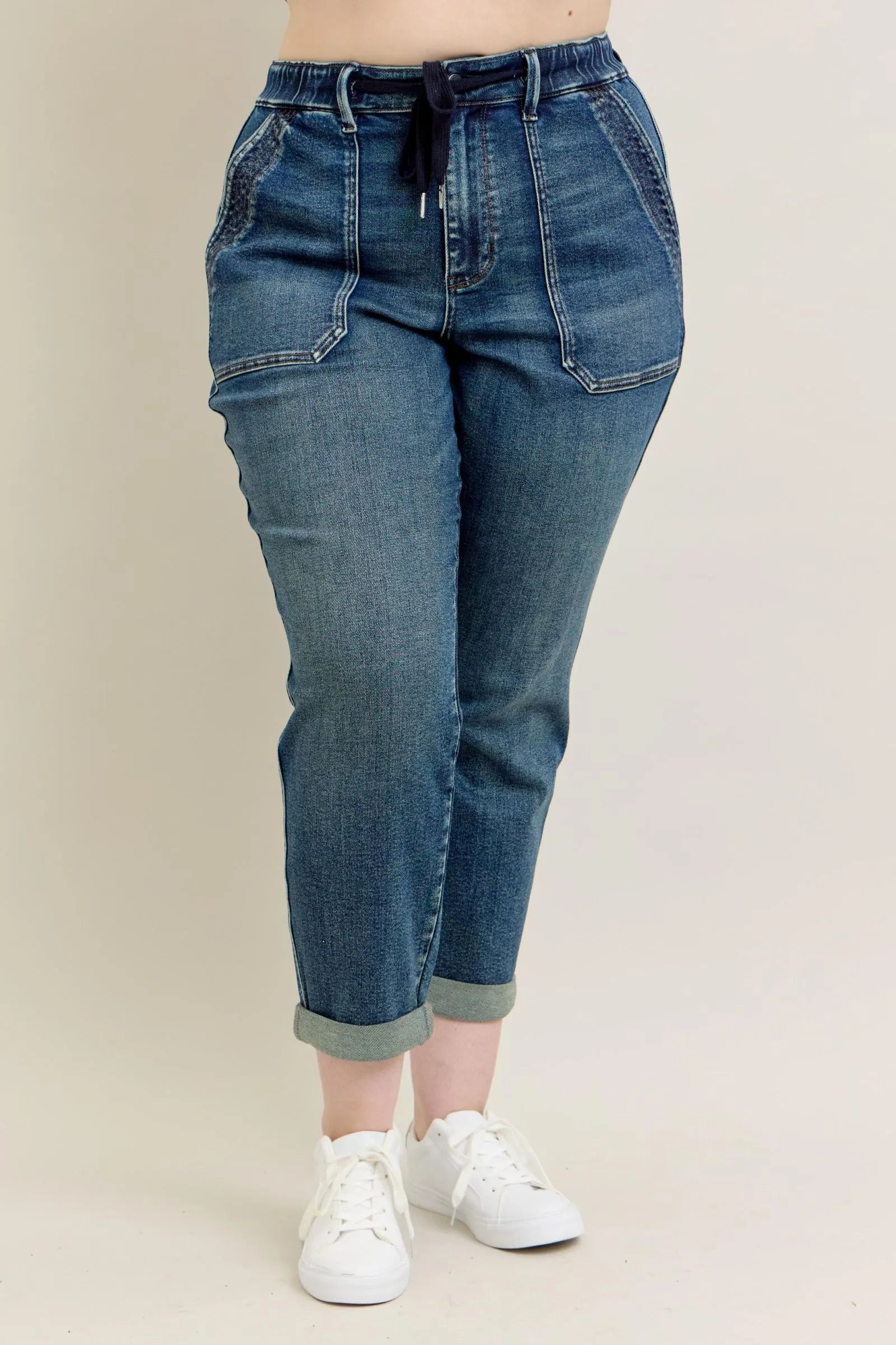Judy Blue High-Waisted Vintage Wash Jeans with Drawstring Plus Size.