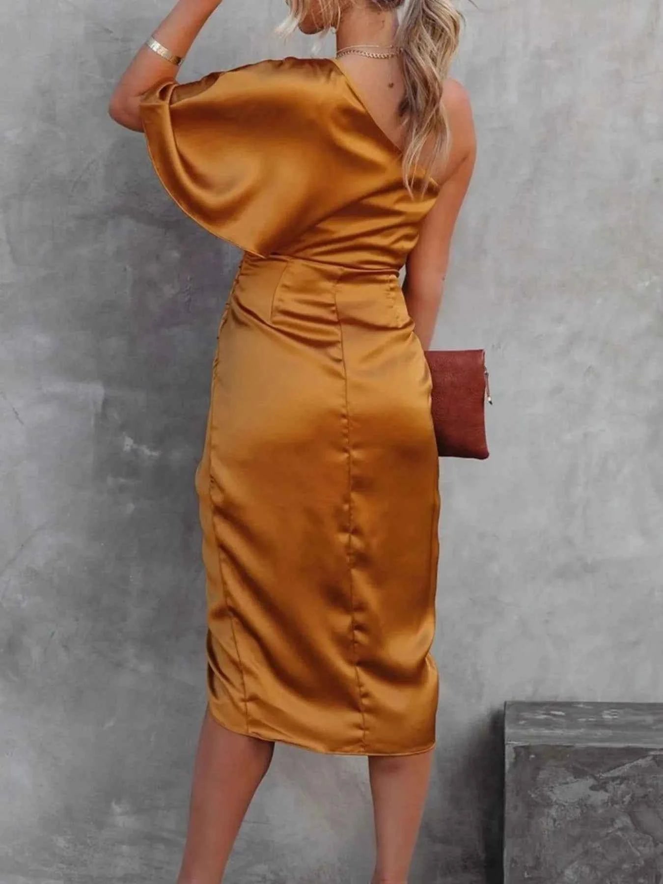 One-Shoulder Satin Wrap Dress with Side Slit.