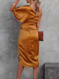 One-Shoulder Satin Wrap Dress with Side Slit.