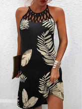 Tropical Leaf Print Halter Neck Mini Dress.
