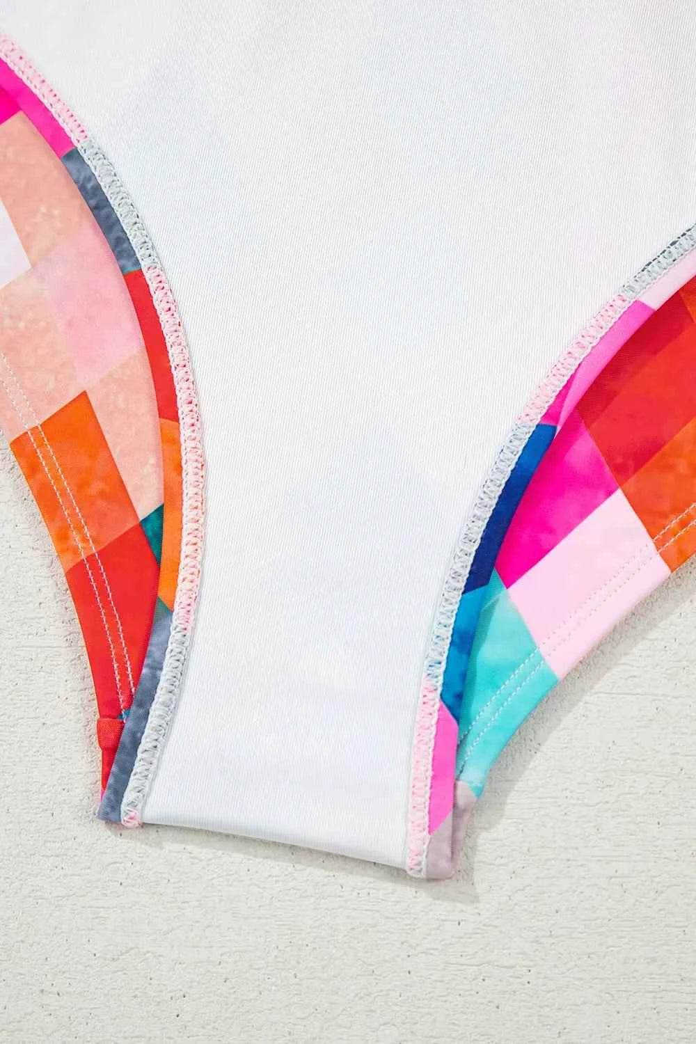 Multicolor Plaid Print Backless One-Piece Swimwear.