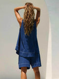 Casual Contrast Stitch Denim Tank Top & Shorts Set - EBYNN