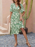 Printed V-Neck Flutter Sleeve Midi Dress.