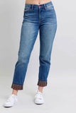 Judy Blue Plus Size Mr Plaid Print Cuff Boyfriend Jeans.