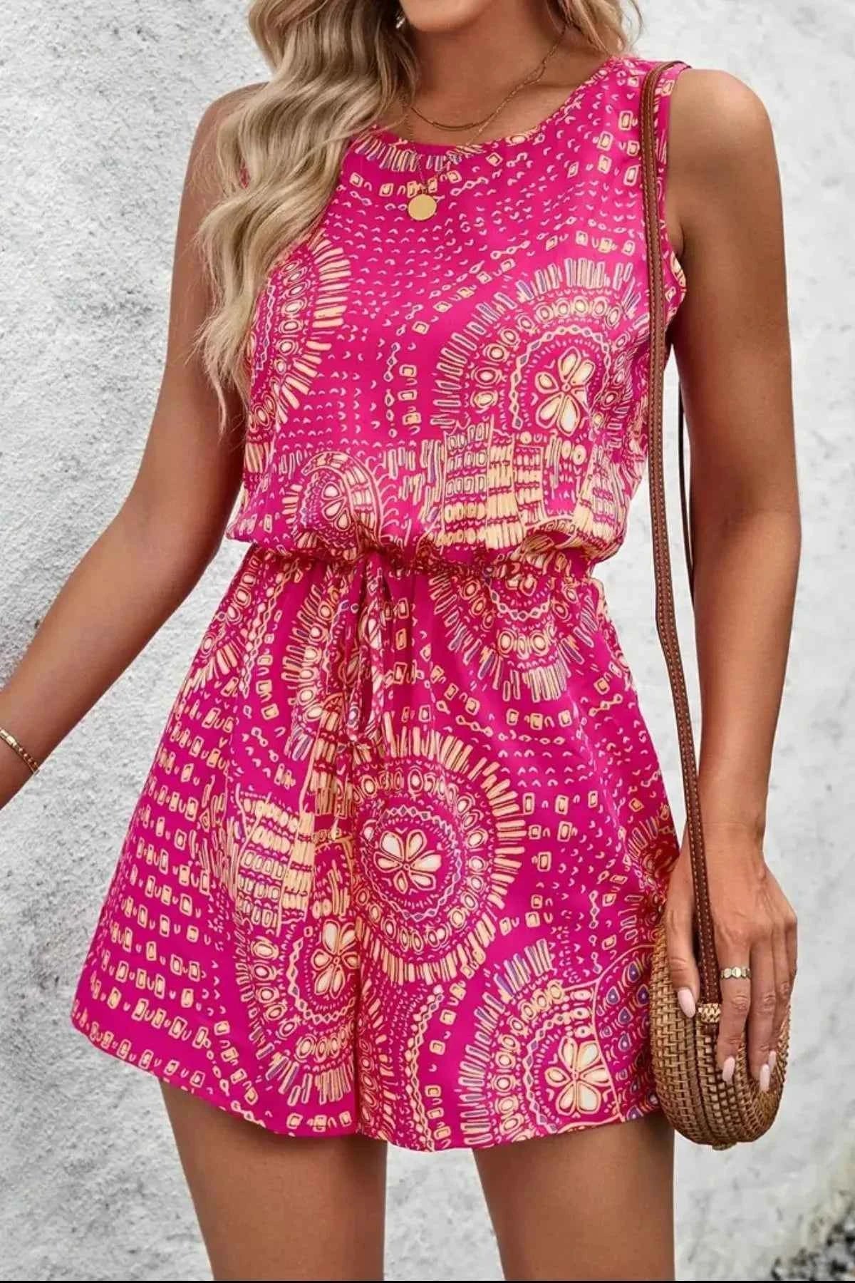 Boho Floral Print Sleeveless Summer Romper.