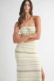 MABLE Contrast Striped Crochet Knit Midi Dress.