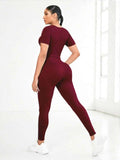 Round Neck Short Sleeve Top and Leggings Active Set.