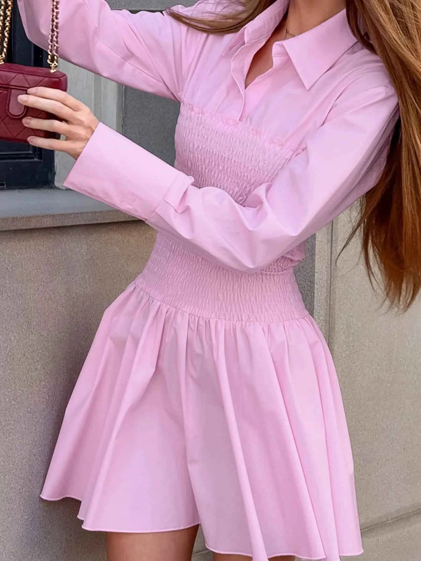 Smocked Long Sleeve Shirt Dress.