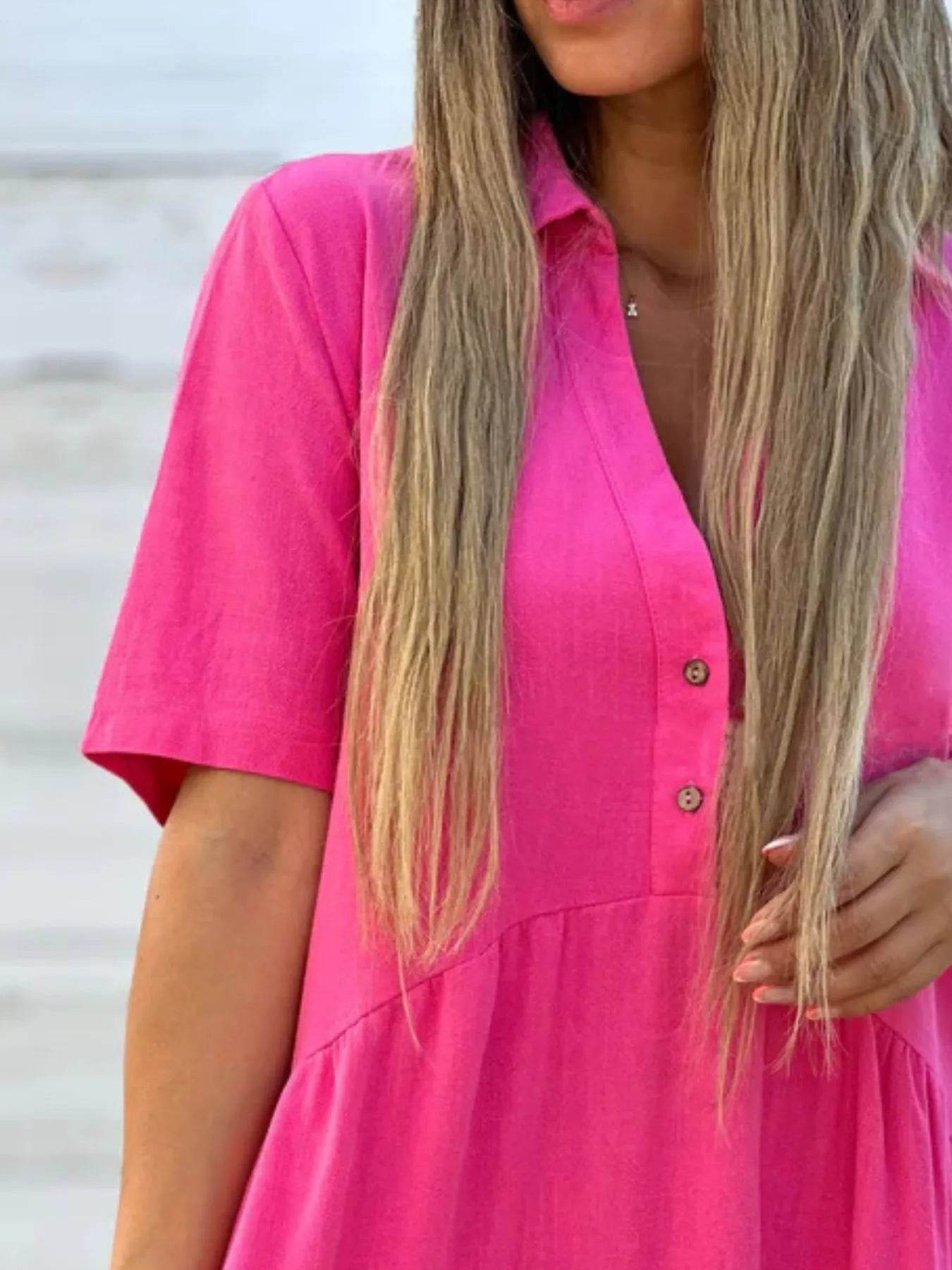 Plus Size Tiered Button-Front Short Sleeve Dress.