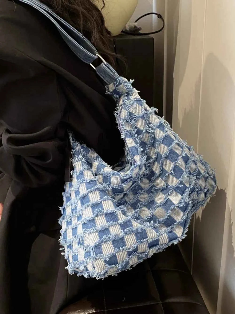 Raw Hem Denim Shoulder Bag.